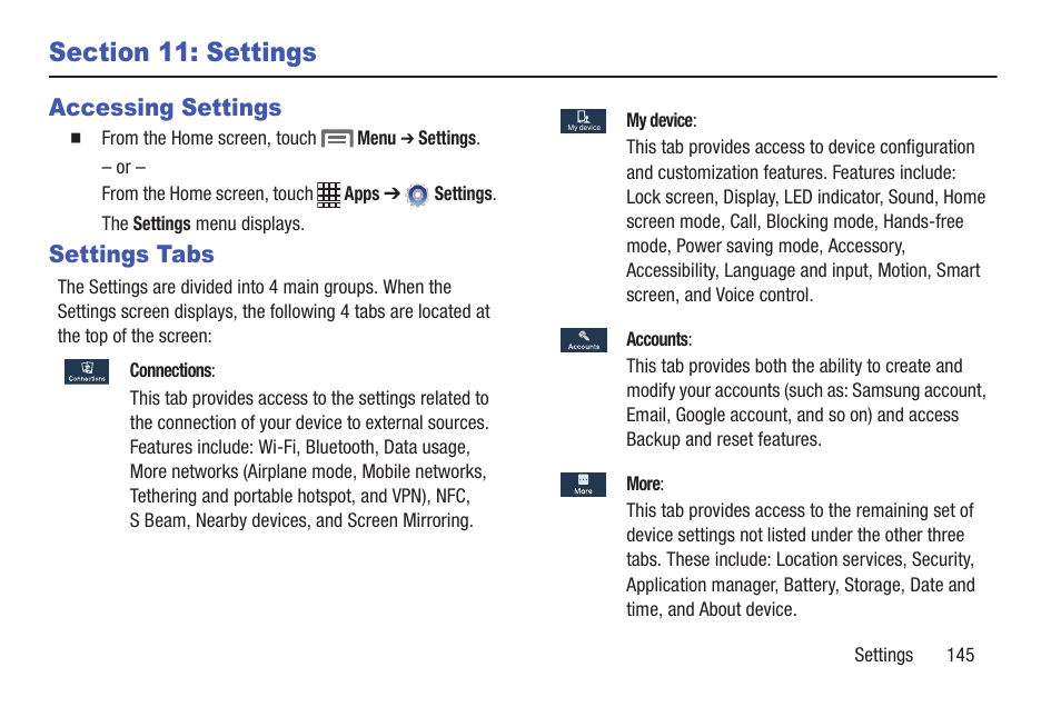 Section 11: settings, Accessing settings, Settings tabs | Accessing settings settings tabs, For more information, refer to “accessing | Samsung SCH-L710RWBXAR User Manual | Page 151 / 240