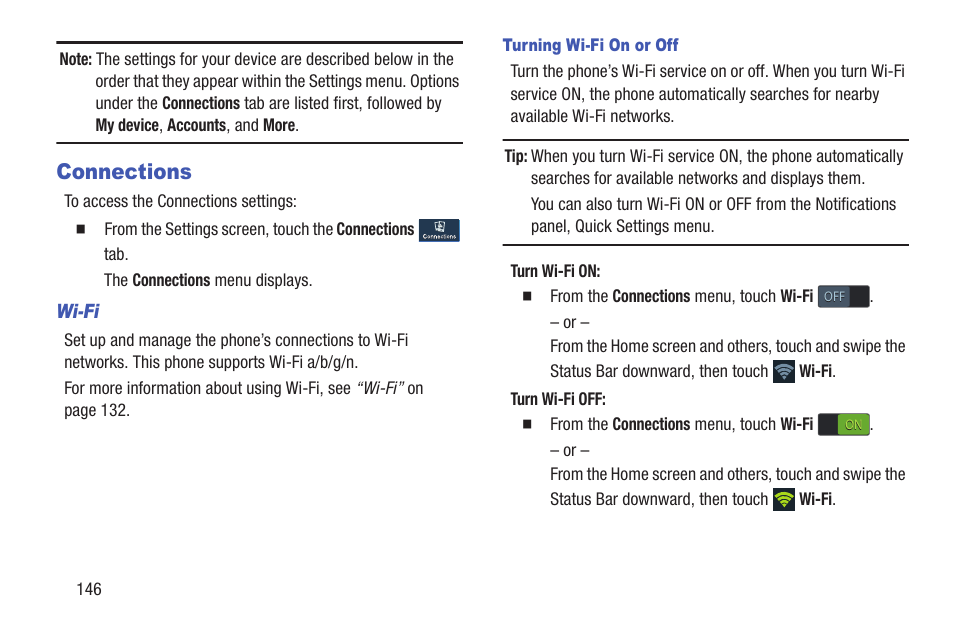 Connections, Wi-fi, Turning wi-fi on or off | Samsung SCH-L710RWBXAR User Manual | Page 152 / 240