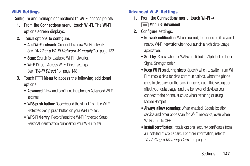 Wi-fi settings, Advanced wi-fi settings | Samsung SCH-L710RWBXAR User Manual | Page 153 / 240