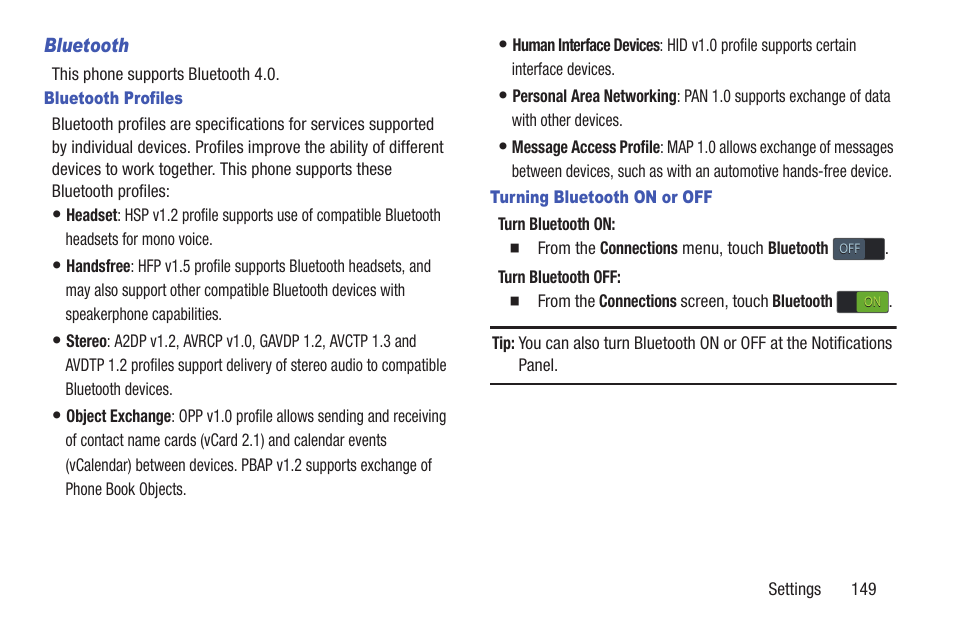 Bluetooth, Bluetooth profiles, Turning bluetooth on or off | Samsung SCH-L710RWBXAR User Manual | Page 155 / 240