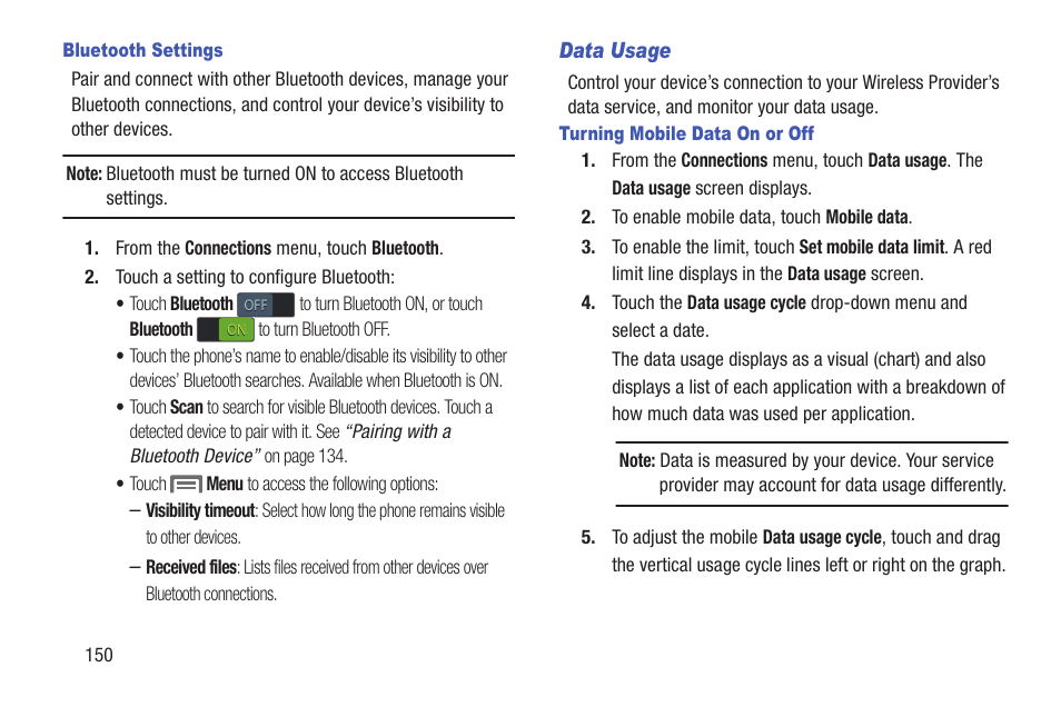 Bluetooth settings, Data usage, Turning mobile data on or off | Samsung SCH-L710RWBXAR User Manual | Page 156 / 240