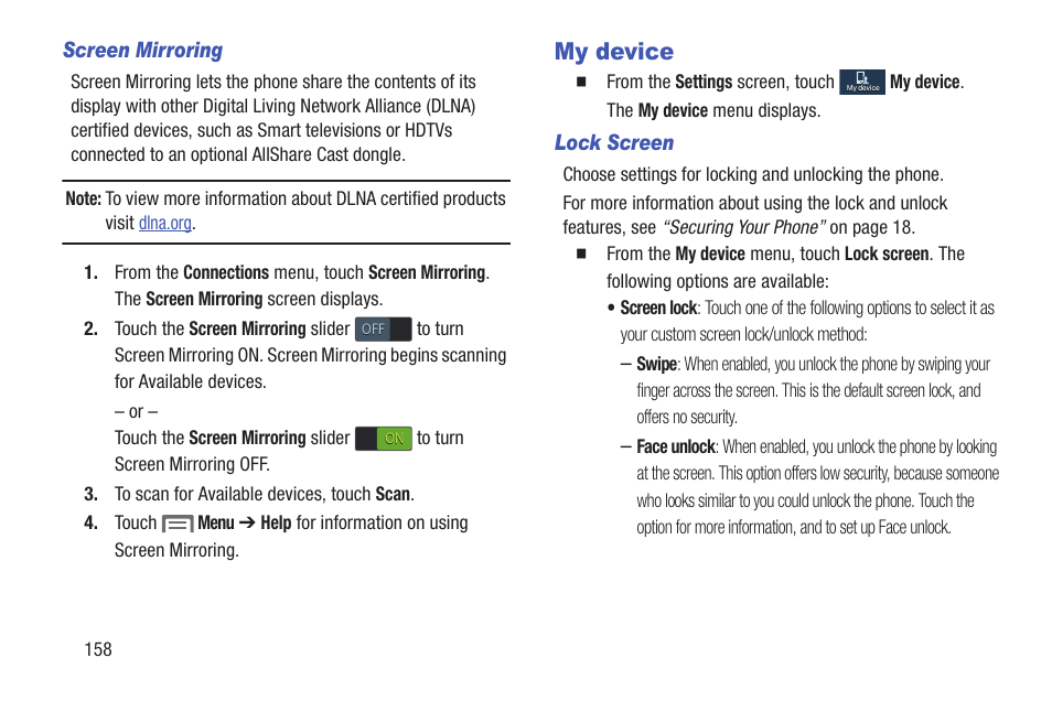 Screen mirroring, My device, Lock screen | Samsung SCH-L710RWBXAR User Manual | Page 164 / 240