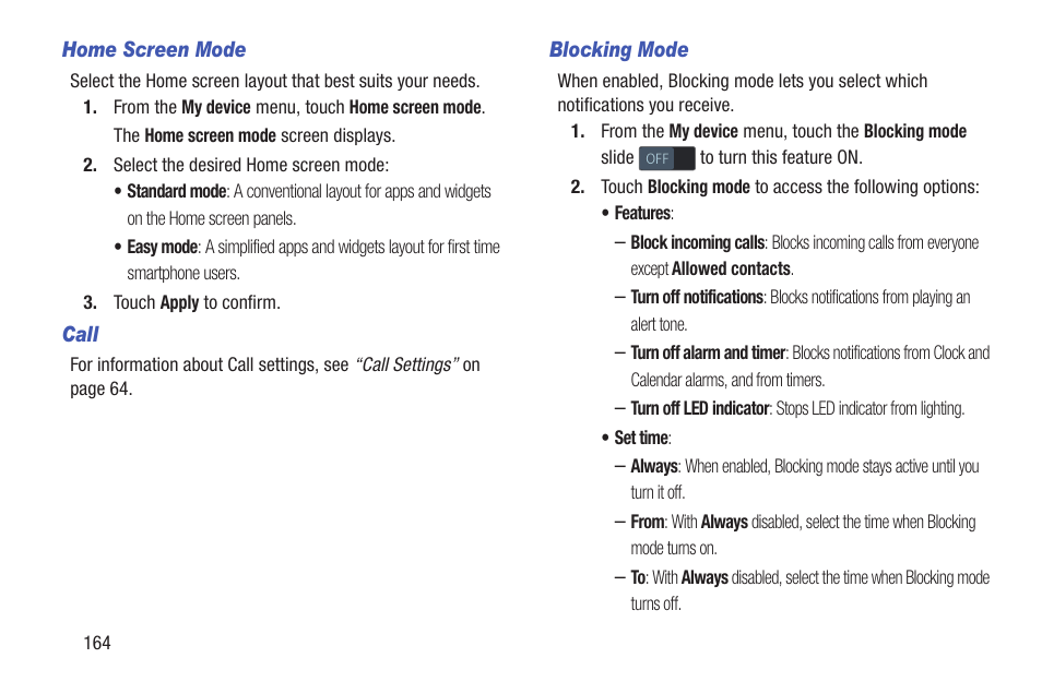 Home screen mode, Call, Blocking mode | Samsung SCH-L710RWBXAR User Manual | Page 170 / 240