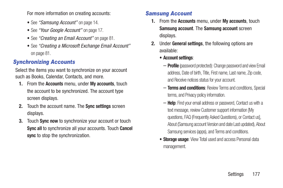 Synchronizing accounts, Samsung account | Samsung SCH-L710RWBXAR User Manual | Page 183 / 240