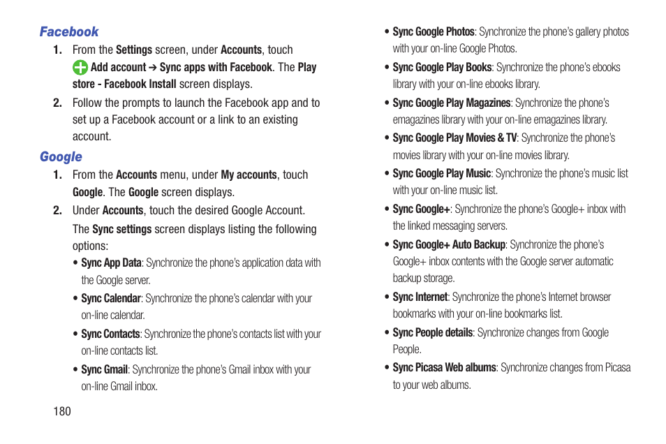 Facebook, Google | Samsung SCH-L710RWBXAR User Manual | Page 186 / 240
