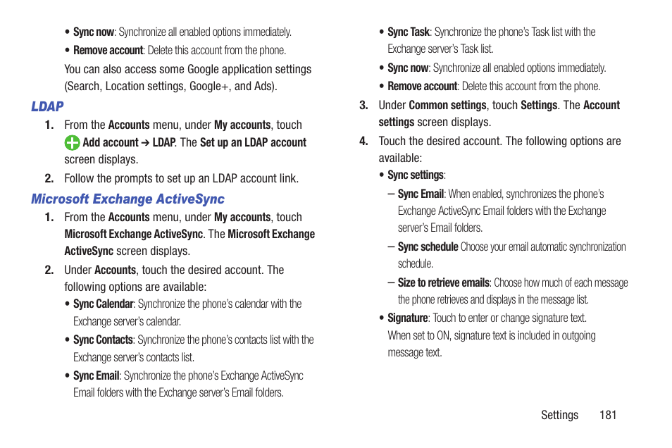 Ldap, Microsoft exchange activesync | Samsung SCH-L710RWBXAR User Manual | Page 187 / 240