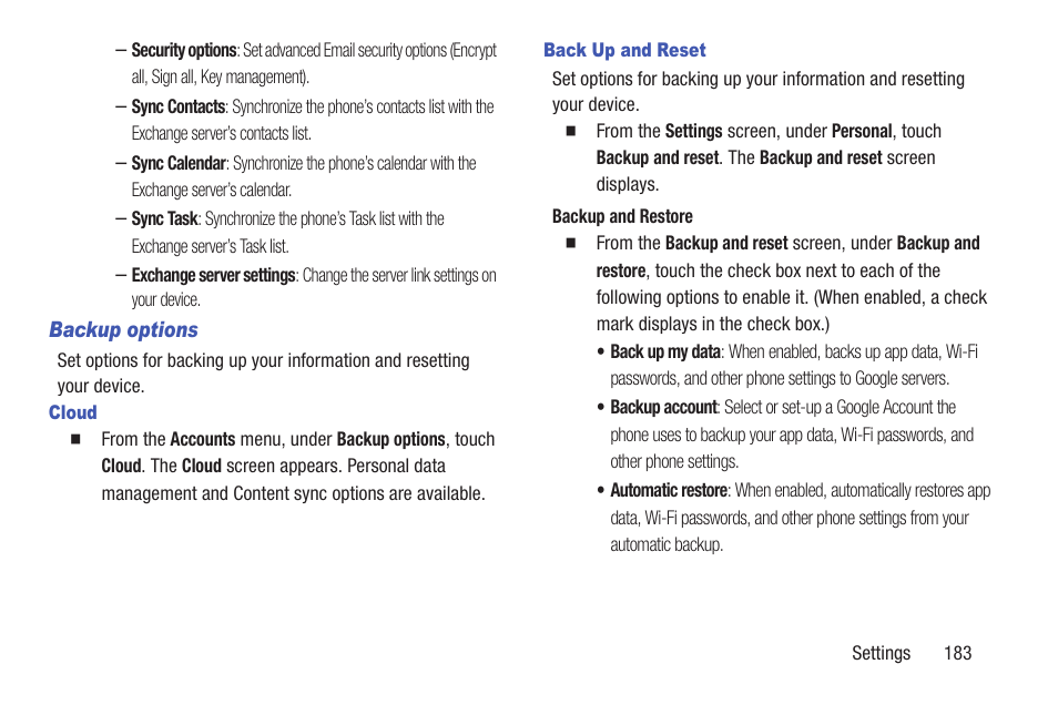 Backup options, Cloud, Back up and reset | Samsung SCH-L710RWBXAR User Manual | Page 189 / 240