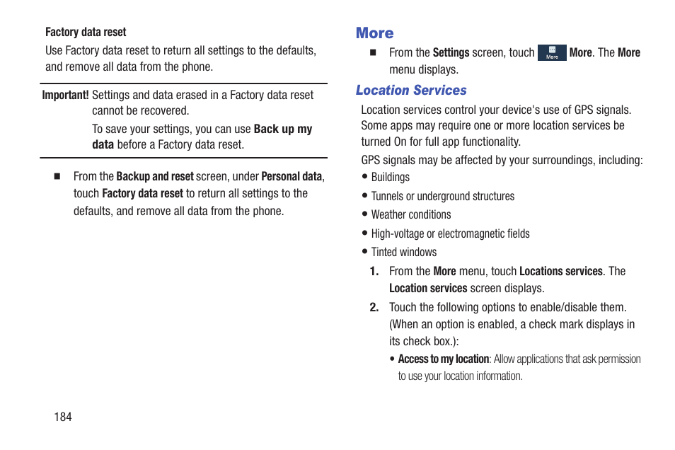 More, Location services, Ff. for more | Samsung SCH-L710RWBXAR User Manual | Page 190 / 240