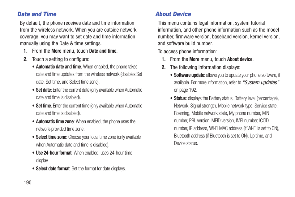 Date and time, About device | Samsung SCH-L710RWBXAR User Manual | Page 196 / 240