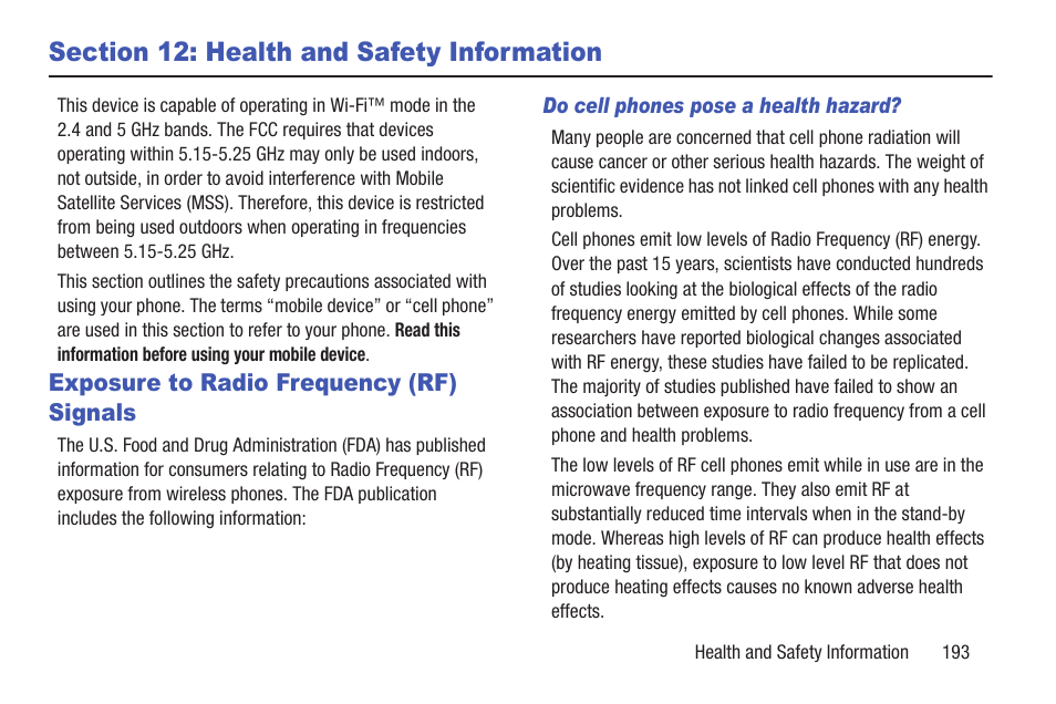 Section 12: health and safety information, Exposure to radio frequency (rf) signals, Do cell phones pose a health hazard | Section 12: health and safety, Information | Samsung SCH-L710RWBXAR User Manual | Page 199 / 240