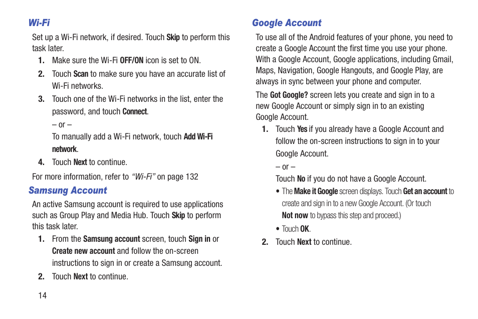 Wi-fi, Samsung account, Google account | Samsung SCH-L710RWBXAR User Manual | Page 20 / 240