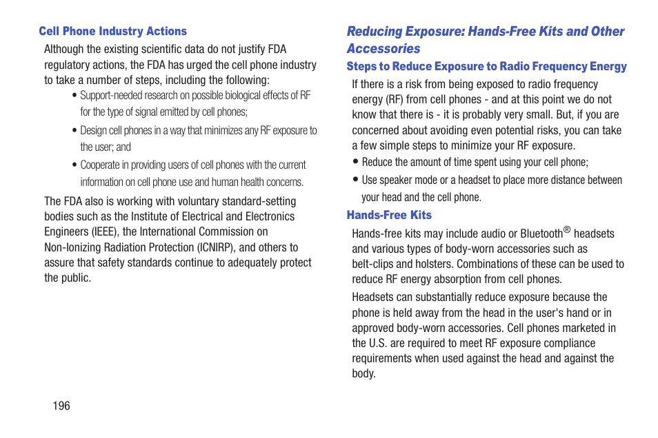 Cell phone industry actions, Steps to reduce exposure to radio frequency energy, Hands-free kits | Samsung SCH-L710RWBXAR User Manual | Page 202 / 240