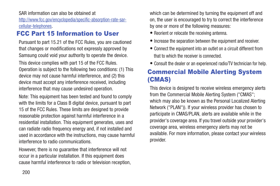 Fcc part 15 information to user, Commercial mobile alerting system (cmas) | Samsung SCH-L710RWBXAR User Manual | Page 206 / 240