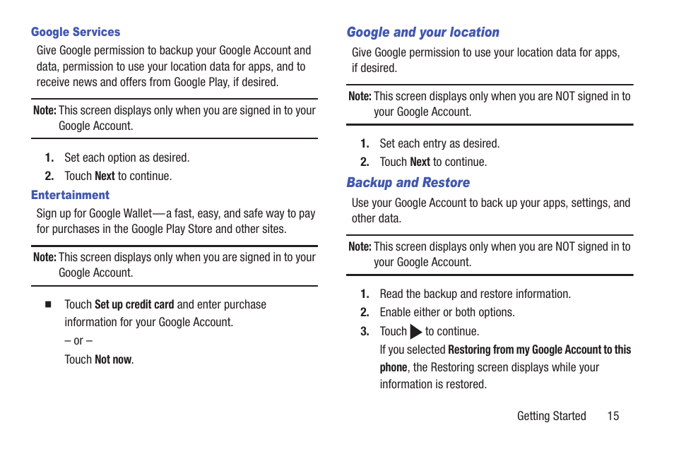 Google services, Entertainment, Google and your location | Backup and restore | Samsung SCH-L710RWBXAR User Manual | Page 21 / 240