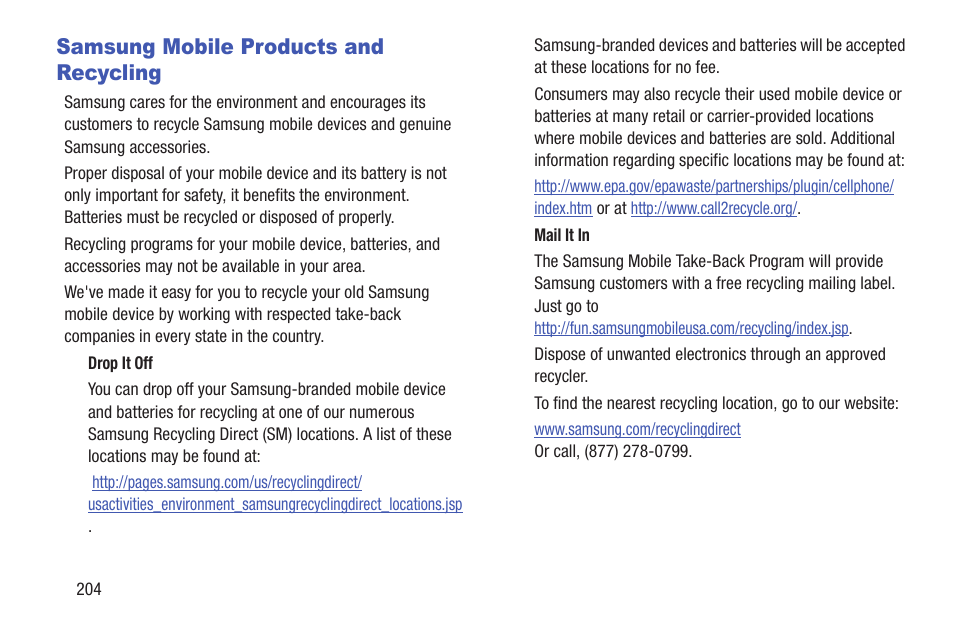 Samsung mobile products and recycling | Samsung SCH-L710RWBXAR User Manual | Page 210 / 240