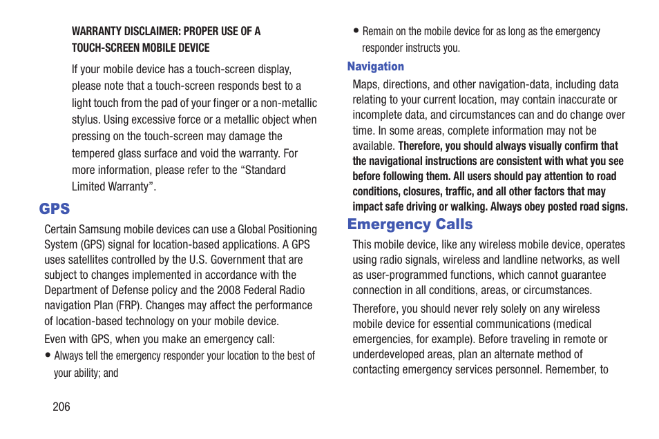 Navigation, Emergency calls, Gps emergency calls | Samsung SCH-L710RWBXAR User Manual | Page 212 / 240