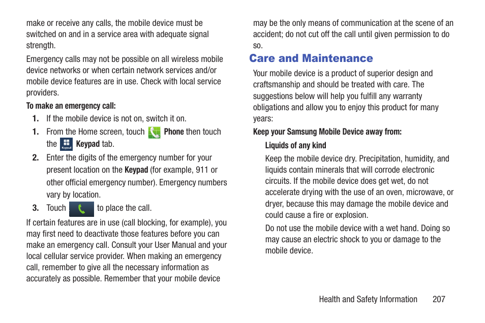 Care and maintenance | Samsung SCH-L710RWBXAR User Manual | Page 213 / 240