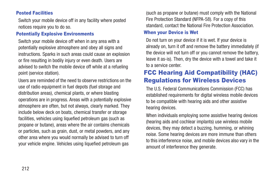 Posted facilities, Potentially explosive environments, When your device is wet | Fcc hearing aid compatibility (hac), Regulations for wireless devices | Samsung SCH-L710RWBXAR User Manual | Page 218 / 240