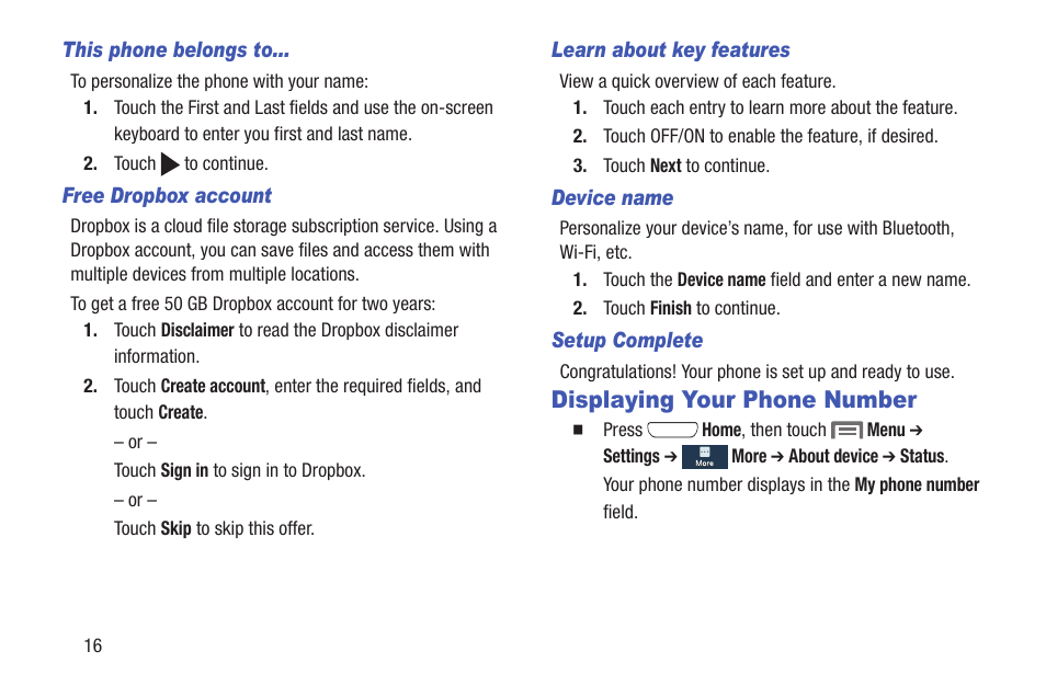 This phone belongs to, Free dropbox account, Learn about key features | Device name, Setup complete, Displaying your phone number | Samsung SCH-L710RWBXAR User Manual | Page 22 / 240