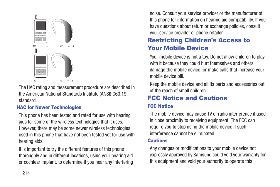 Hac for newer technologies, Fcc notice and cautions, Fcc notice | Cautions, Restricting children's access to, Your mobile device | Samsung SCH-L710RWBXAR User Manual | Page 220 / 240