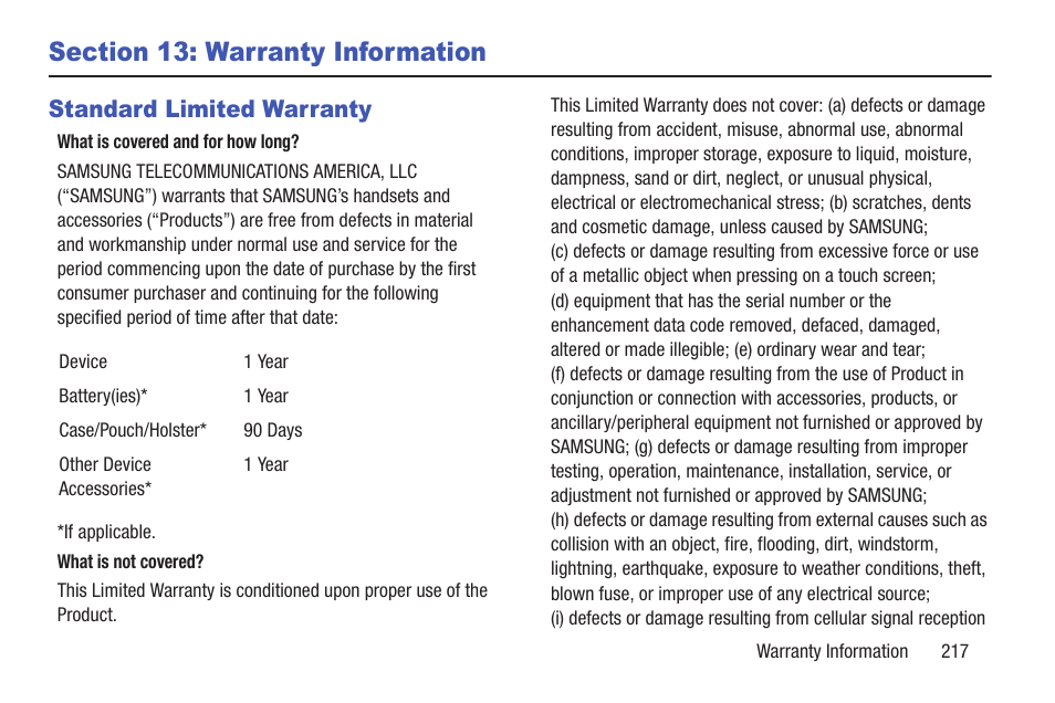 Section 13: warranty information, Standard limited warranty | Samsung SCH-L710RWBXAR User Manual | Page 223 / 240