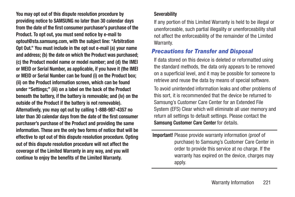 Precautions for transfer and disposal | Samsung SCH-L710RWBXAR User Manual | Page 227 / 240