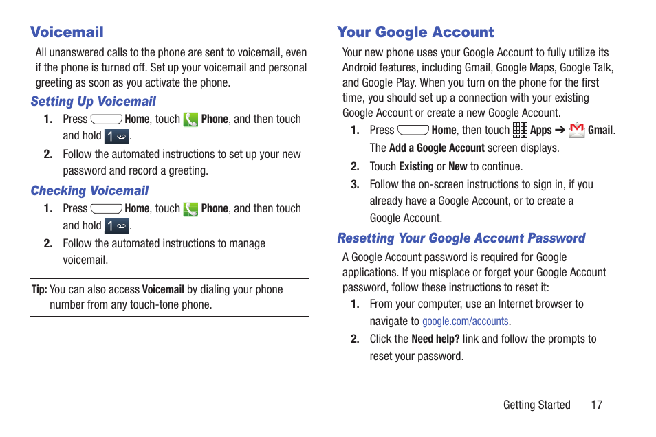 Voicemail, Setting up voicemail, Checking voicemail | Your google account, Resetting your google account password, Voicemail your google account | Samsung SCH-L710RWBXAR User Manual | Page 23 / 240