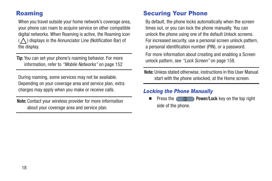 Roaming, Securing your phone, Locking the phone manually | Roaming securing your phone | Samsung SCH-L710RWBXAR User Manual | Page 24 / 240