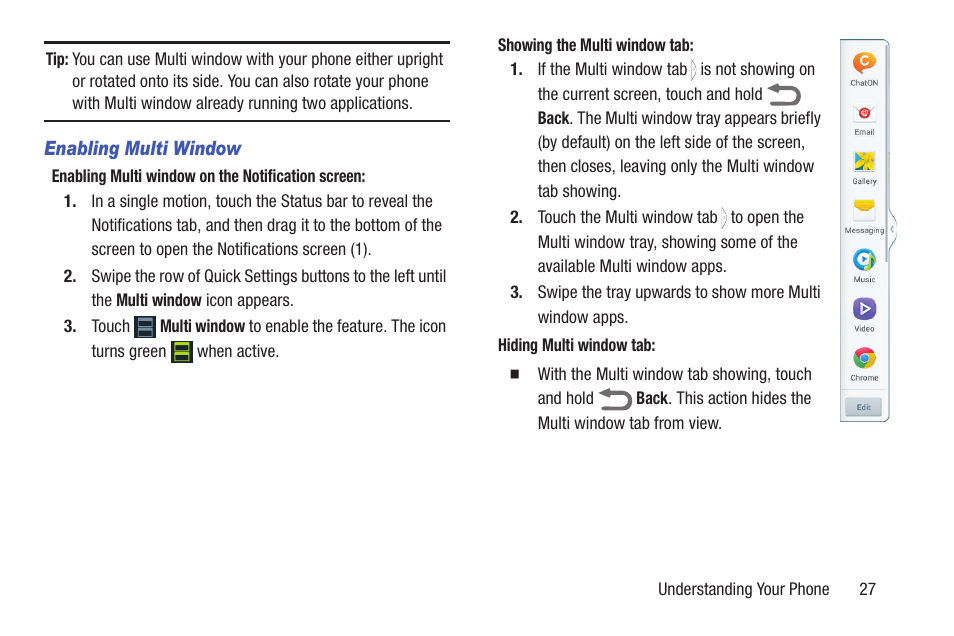 Enabling multi window | Samsung SCH-L710RWBXAR User Manual | Page 33 / 240