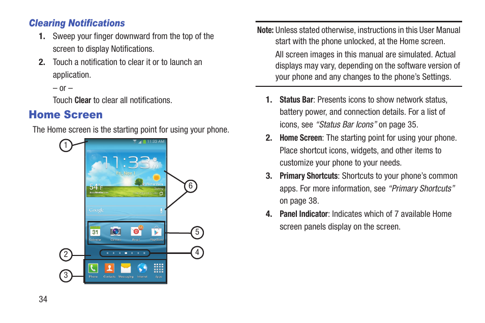 Clearing notifications, Home screen | Samsung SCH-L710RWBXAR User Manual | Page 40 / 240