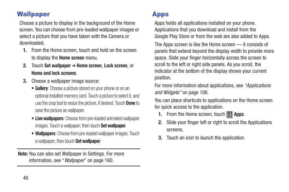Wallpaper, Apps, Wallpaper apps | See “wallpaper | Samsung SCH-L710RWBXAR User Manual | Page 46 / 240