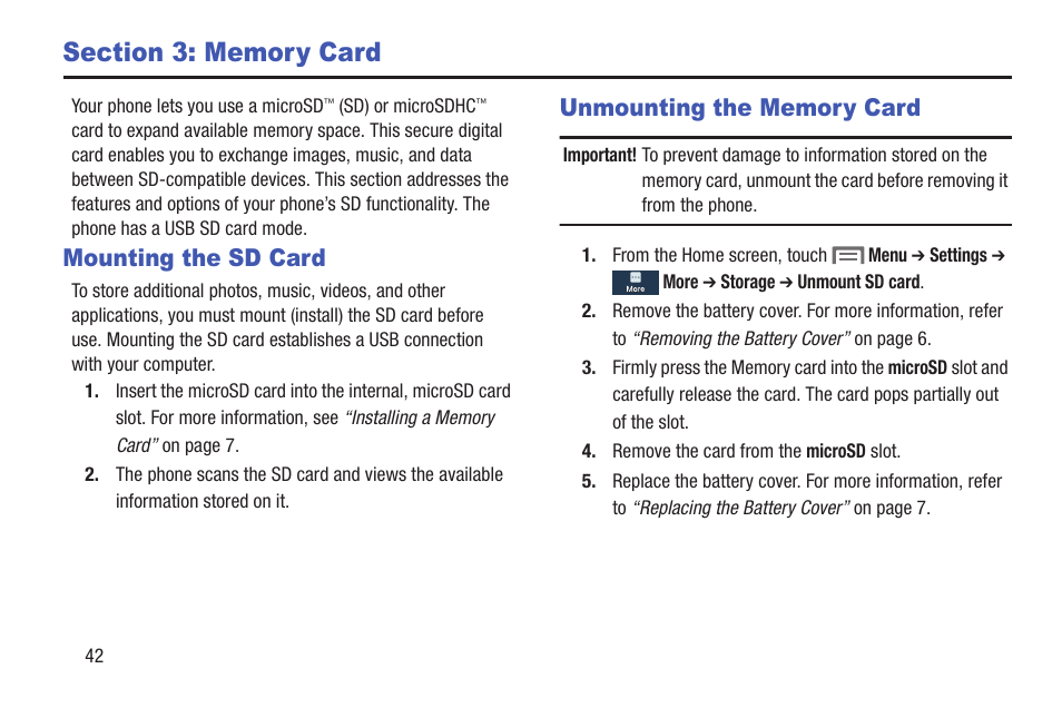 Section 3: memory card, Mounting the sd card, Unmounting the memory card | Mounting the sd card unmounting the memory card | Samsung SCH-L710RWBXAR User Manual | Page 48 / 240