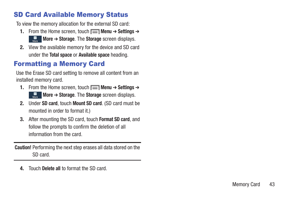 Sd card available memory status, Formatting a memory card | Samsung SCH-L710RWBXAR User Manual | Page 49 / 240