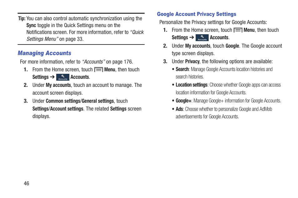 Managing accounts, Google account privacy settings | Samsung SCH-L710RWBXAR User Manual | Page 52 / 240
