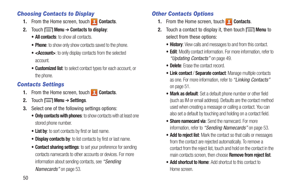 Choosing contacts to display, Contacts settings, Other contacts options | Samsung SCH-L710RWBXAR User Manual | Page 56 / 240