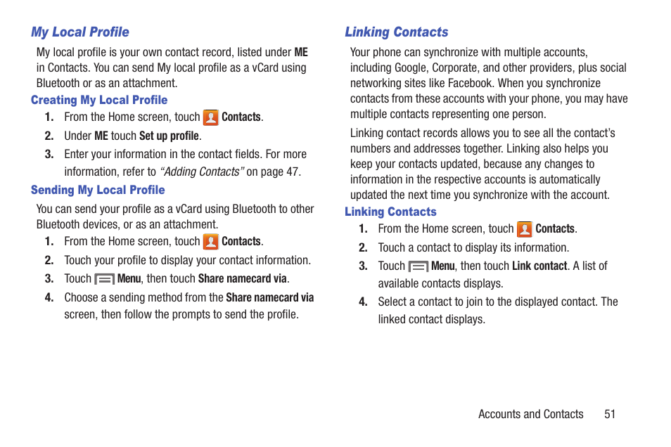 My local profile, Creating my local profile, Sending my local profile | Linking contacts | Samsung SCH-L710RWBXAR User Manual | Page 57 / 240