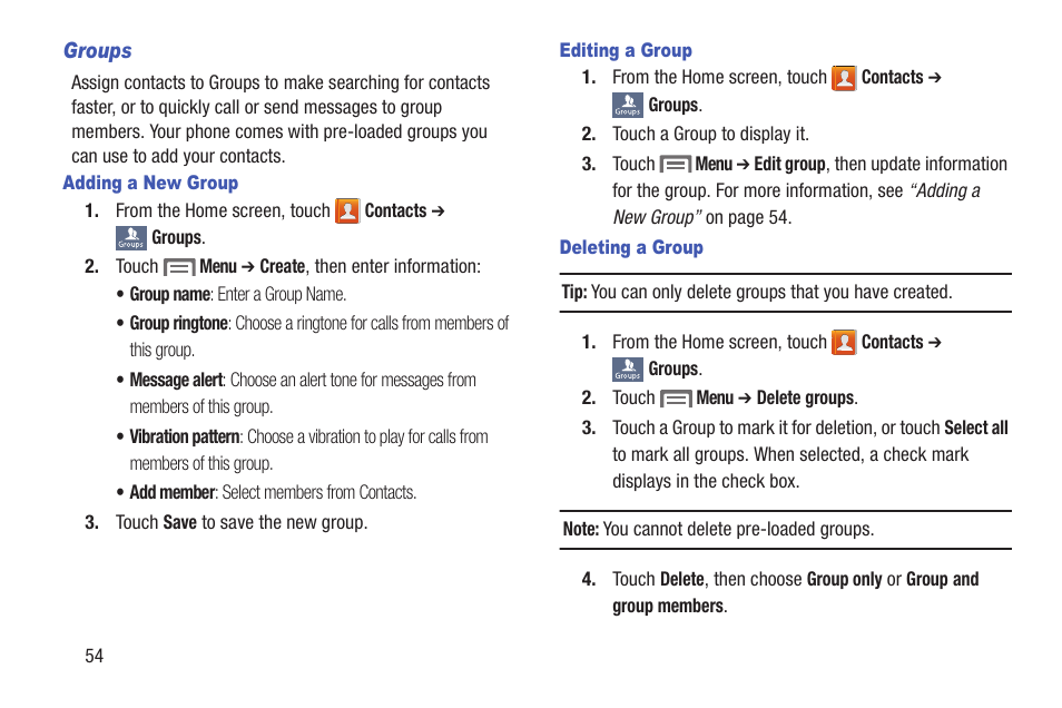 Groups, Adding a new group, Editing a group | Deleting a group | Samsung SCH-L710RWBXAR User Manual | Page 60 / 240