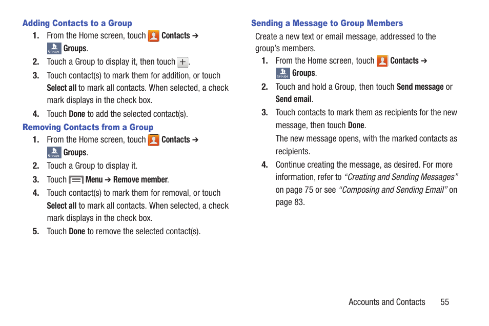 Adding contacts to a group, Removing contacts from a group, Sending a message to group members | Samsung SCH-L710RWBXAR User Manual | Page 61 / 240