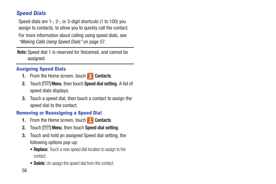 Speed dials, Assigning speed dials, Removing or reassigning a speed dial | Samsung SCH-L710RWBXAR User Manual | Page 62 / 240