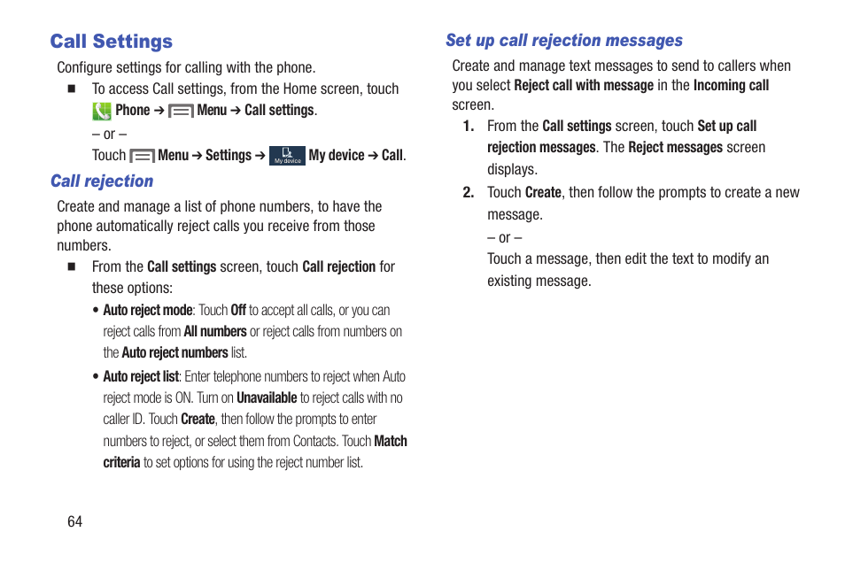 Call settings, Call rejection, Set up call rejection messages | Samsung SCH-L710RWBXAR User Manual | Page 70 / 240