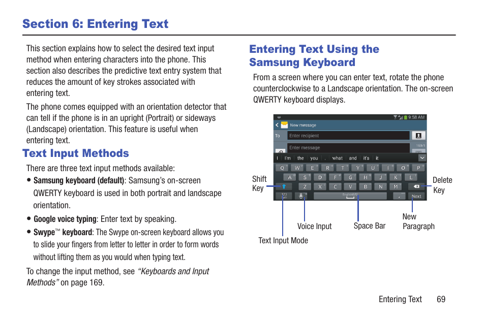 Section 6: entering text, Text input methods, Entering text using the samsung keyboard | Samsung SCH-L710RWBXAR User Manual | Page 75 / 240