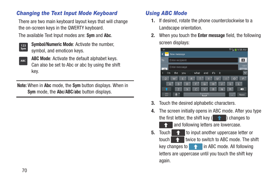 Changing the text input mode keyboard, Using abc mode | Samsung SCH-L710RWBXAR User Manual | Page 76 / 240