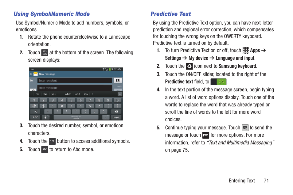 Using symbol/numeric mode, Predictive text | Samsung SCH-L710RWBXAR User Manual | Page 77 / 240