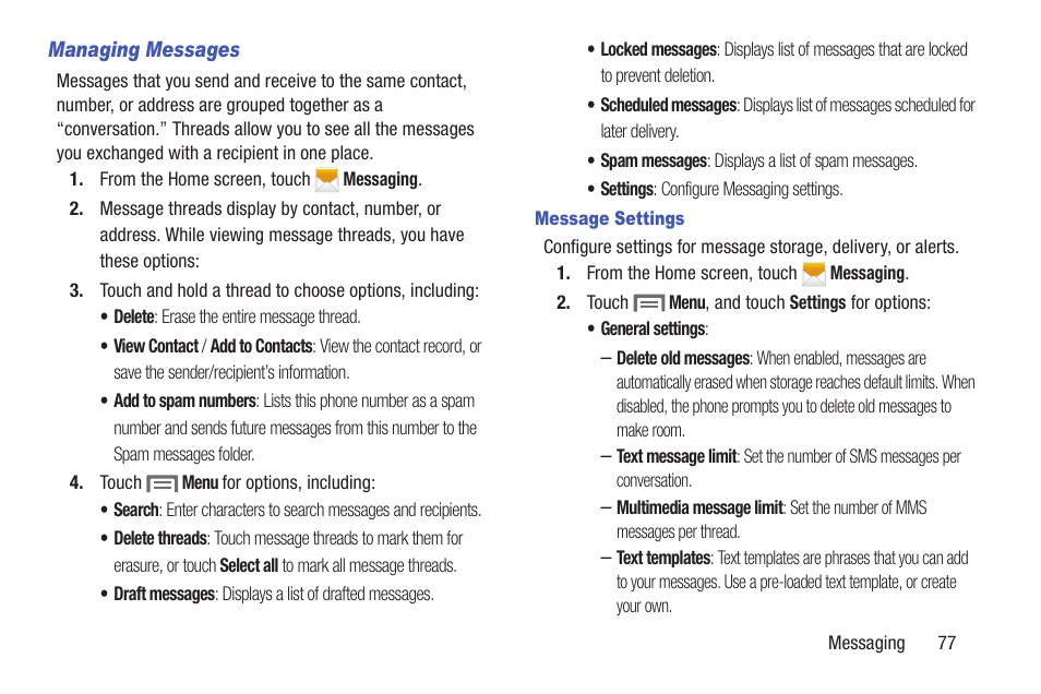 Managing messages, Message settings | Samsung SCH-L710RWBXAR User Manual | Page 83 / 240