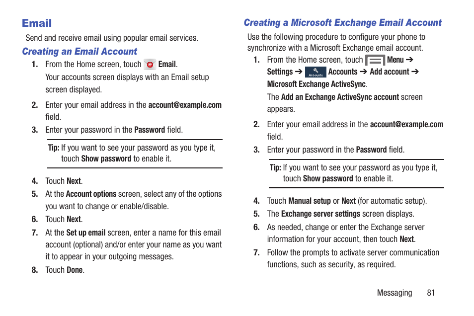 Email, Creating an email account, Creating a microsoft exchange email account | Samsung SCH-L710RWBXAR User Manual | Page 87 / 240
