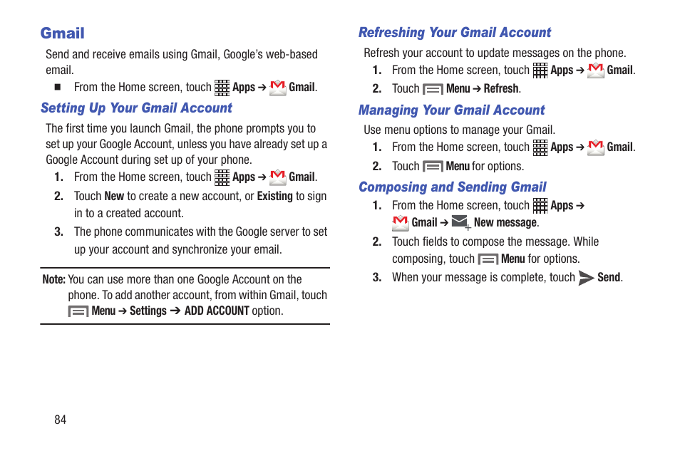 Gmail, Setting up your gmail account, Refreshing your gmail account | Managing your gmail account, Composing and sending gmail | Samsung SCH-L710RWBXAR User Manual | Page 90 / 240