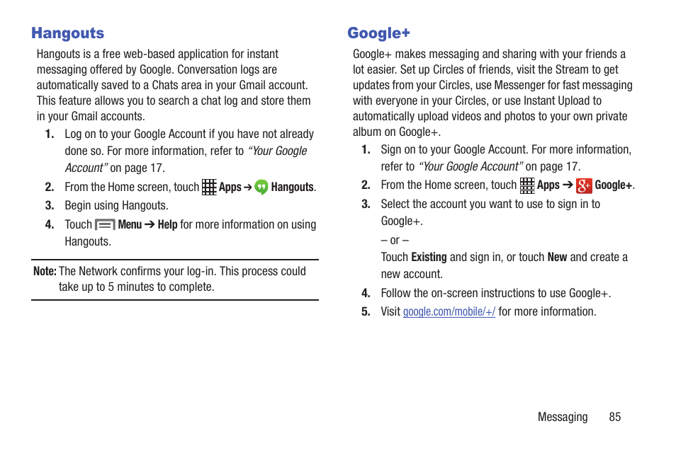 Hangouts, Google, Hangouts google | Samsung SCH-L710RWBXAR User Manual | Page 91 / 240