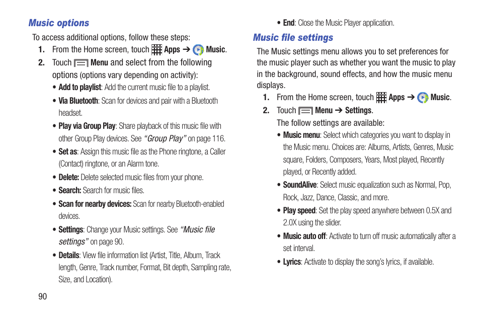 Music options, Music file settings | Samsung SCH-L710RWBXAR User Manual | Page 96 / 240