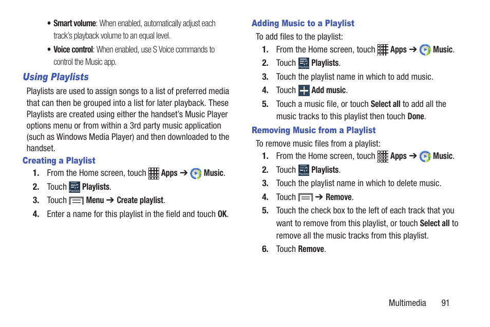 Using playlists, Creating a playlist, Adding music to a playlist | Removing music from a playlist | Samsung SCH-L710RWBXAR User Manual | Page 97 / 240
