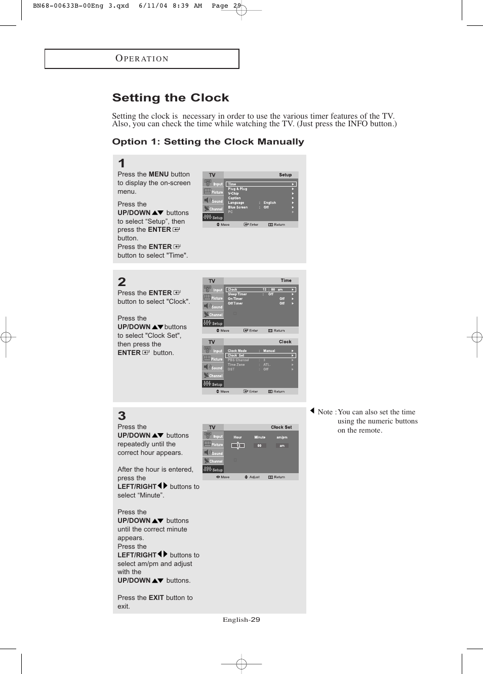 Setting the clock, Option 1: setting the clock manually | Samsung LTP1545X-XAC User Manual | Page 34 / 66